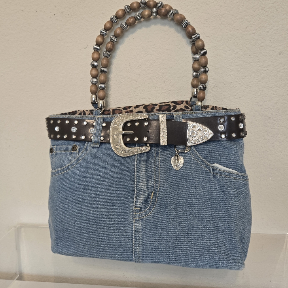 Stylish Denim Handbag with Beaded Handle